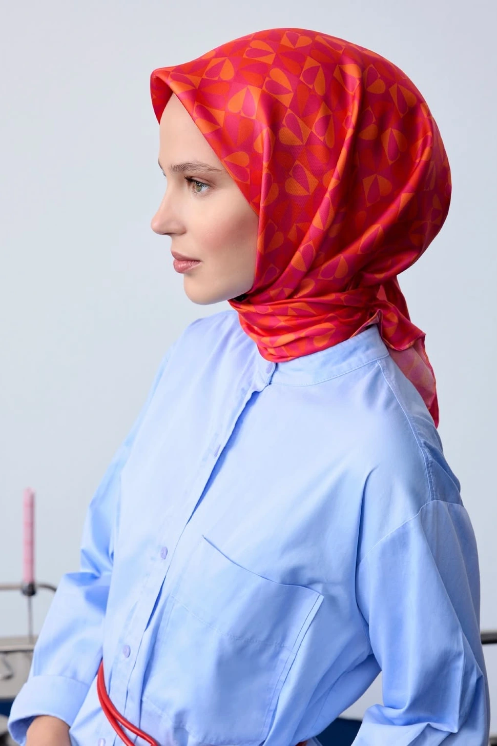 Belli Twill İpek Eşarp 4322-31 Kırmızı, Turuncu, Pembe