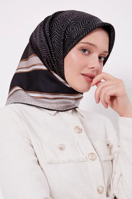 Levidor Twill İpek Eşarp Siyah, Vizon, Gold