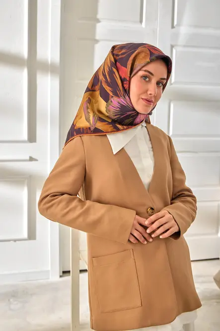 Silk Home Twill İpek Eşarp 11480-41 Patlıcan Moru, Taba, Lila