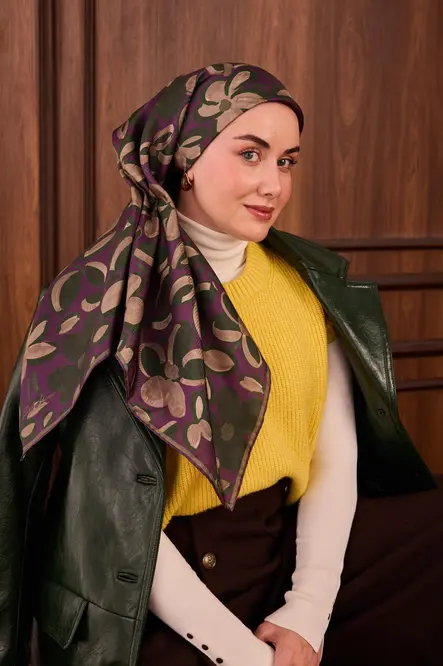 Silk Home Twill İpek Eşarp 11494-12 Erguvan, Yeşil, Vizon