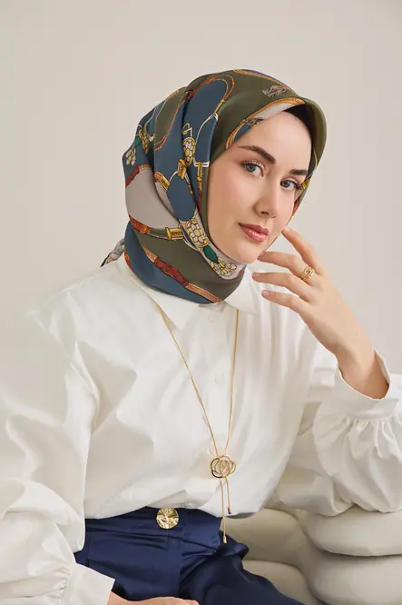 Silk Home Twill İpek Eşarp Kemer Desen İndigo, Yeşil