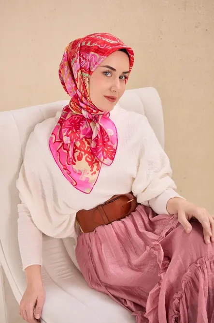 Silk Home Twill İpek Eşarp 11512-14 Fuşya, Pempe, Art Desen