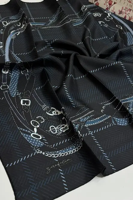 Zerafetim Exclusive Twill İpek Eşarp Koyu Lacivert, Ekose Kareli