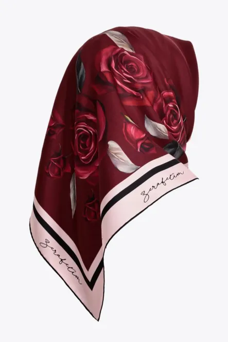 Zerafetim Twill İpek Eşarp Bordo, Kırmızı, Pudra Pembe