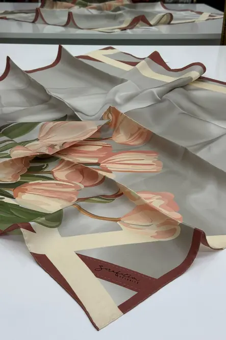 Zerafetim Exclusive Twill İpek Eşarp Gri, Pudra, Krem