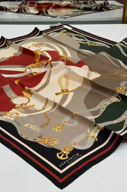 Zerafetim Exclusive Twill İpek Eşarp Siyah, Bordo, Vizon, Nişan Desen