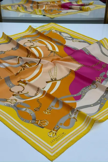 Zerafetim Exclusive Twill İpek Eşarp Sarı, Portakal, Nişan Desen