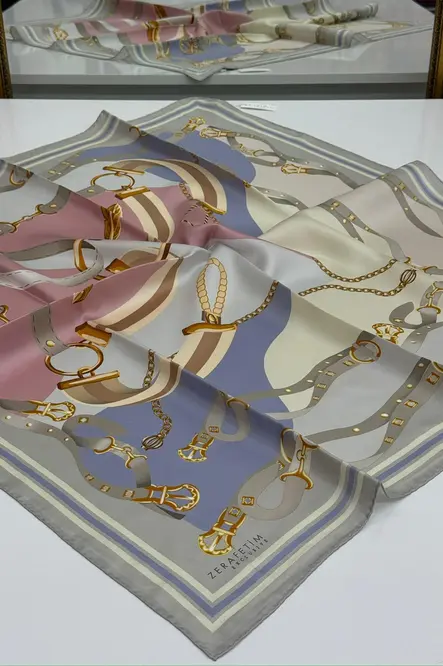 Zerafetim Exclusive Twill İpek Eşarp Gri, Pembe, Açık Lila, Nişan Desen