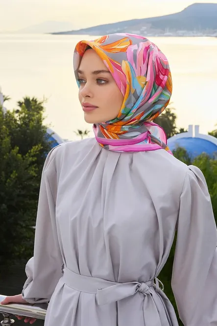Belli Twill İpek Eşarp Gri, Pembe, Turuncu