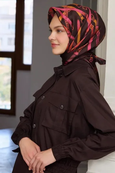 Belli Twill İpek Eşarp Kahverengi, Pembe