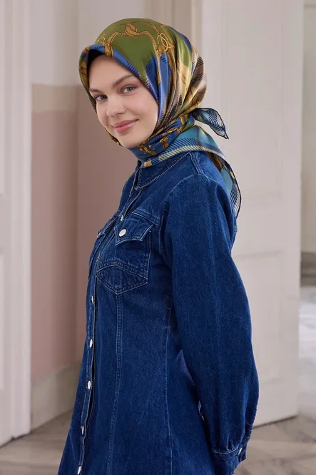 Belli Twill İpek Eşarp Mavi, Haki Yeşil