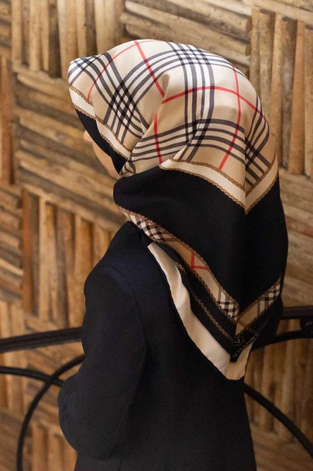 Vissona Twill İpek Eşarp Siyah, Vizon, Krem, Kırmızı, Ekose Desenli