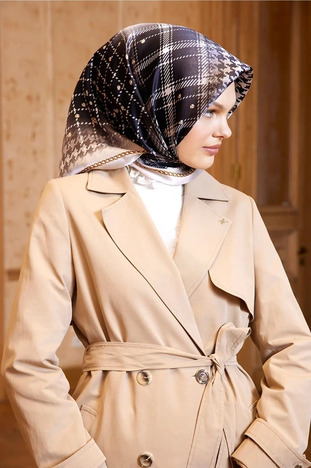Armine Sura İpek Eşarp Siyah, Krem