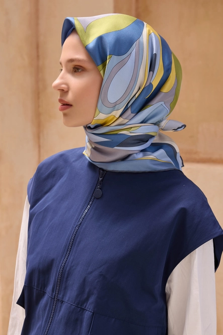 Belli Twill İpek Eşarp İndigo, Yağ Yeşili, Sarı