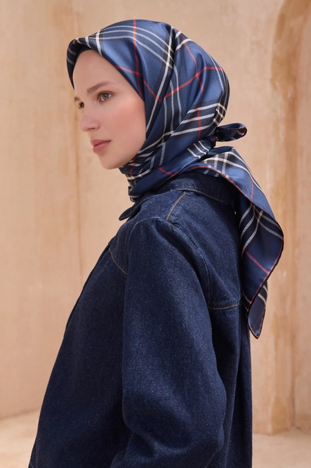 Belli Twill İpek Eşarp Ekose Kareli, Lacivert