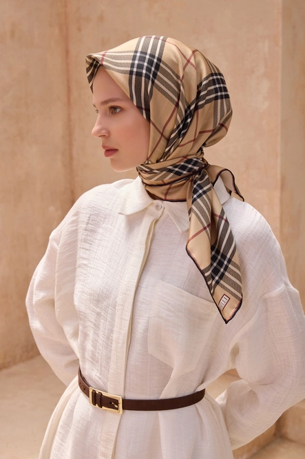 Belli Twill İpek Eşarp Ekose Kareli, Camel