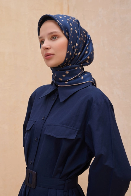 Belli Twill İpek Eşarp Leopar, Lacivert