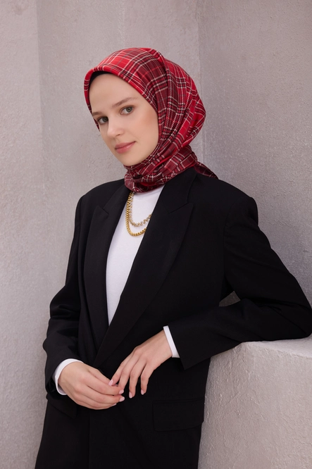 Belli Twill İpek Eşarp Ekose Kareli, Kırmızı, Bordo
