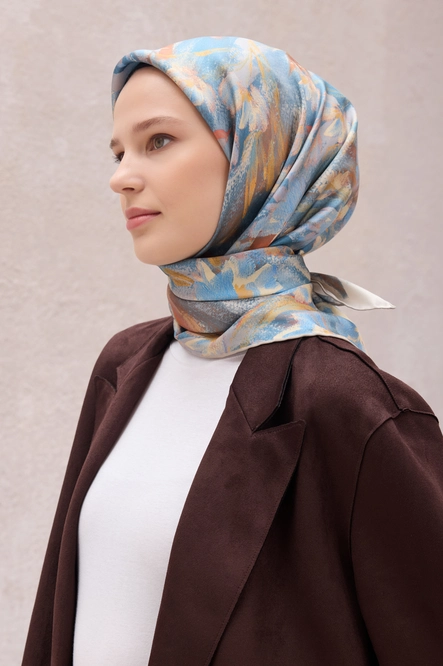 Belli Twill İpek Eşarp Mavi, Krem