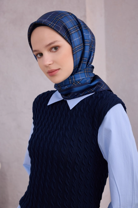 Belli Twill İpek Eşarp Ekose Kareli, Lacivert
