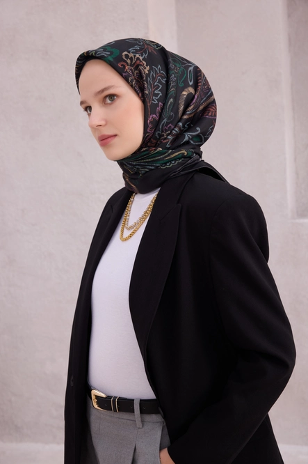Belli Twill İpek Eşarp Siyah, Camgöbeği Yeşili, Taba