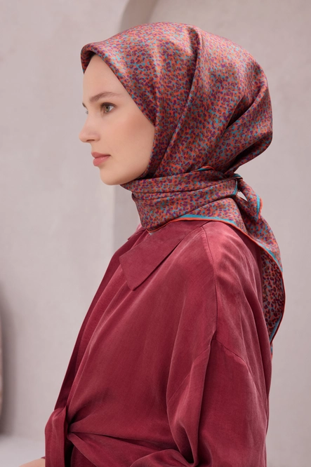 Belli Twill İpek Eşarp 4208-80 Kiremit, Petrol Mavi