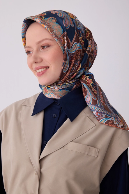 Belli Twill İpek Eşarp Lacivert, Kahverengi