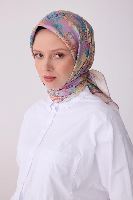 Belli Twill İpek Eşarp Lila, Krem
