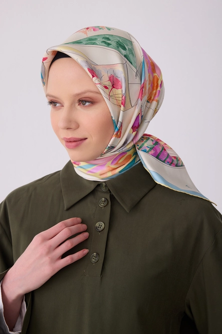 Belli Twill İpek Eşarp Krem, Bebe Mavi, Sarı