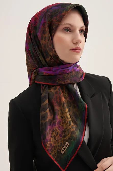 Aker Sura İpek Eşarp Leopar Kırmızı, Fuşya, Mor, Asit, Yeşil