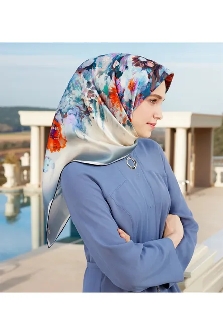 Armine Sura İpek Eşarp Nostalji Mavi, Krem, Acı Kahve