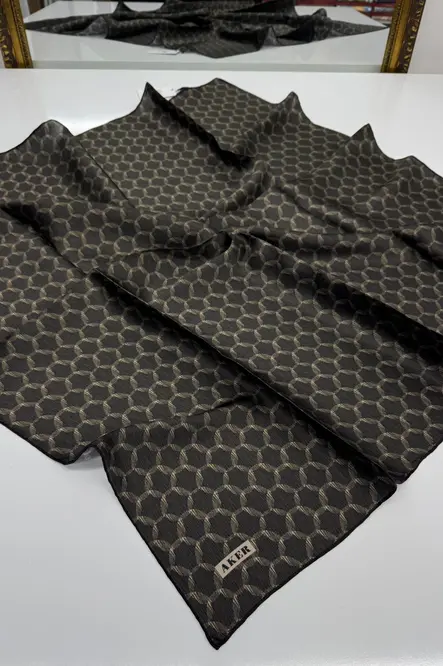 Aker İpek Krep Saten Eşarp Siyah Vizon