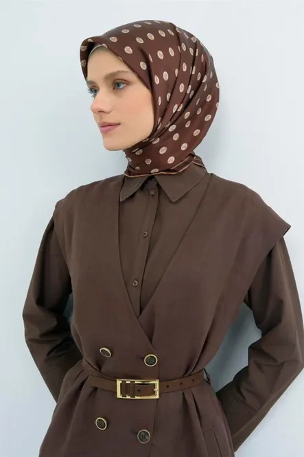 Armine Twill İpek Eşarp Kahverengi, Puantiyeli