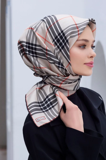 Belli Twill İpek Eşarp Ekose Kareli, Kum Beji