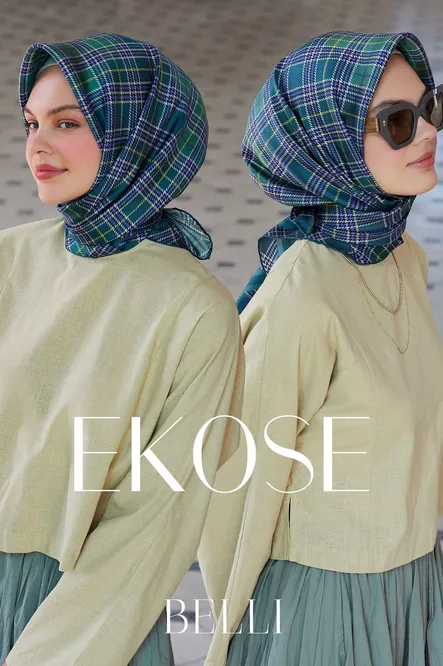 Belli Twill İpek Eşarp Ekose Kareli, Kaktüs Yeşili