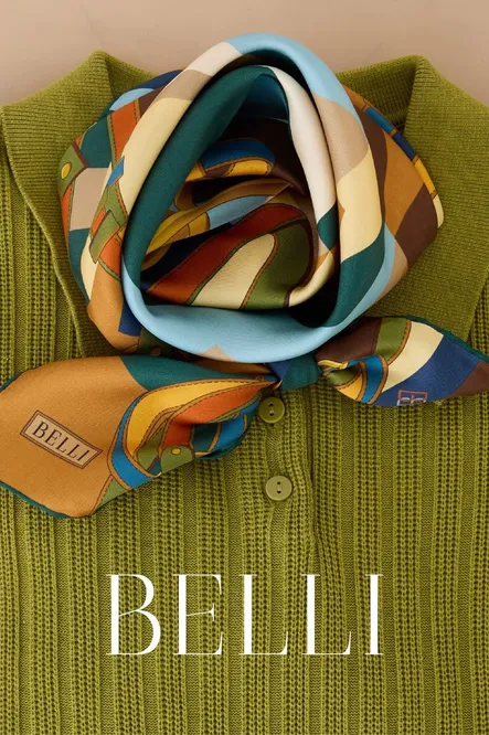 Belli Twill İpek Eşarp 4300-03 Mavi. Yeşil, Hardal