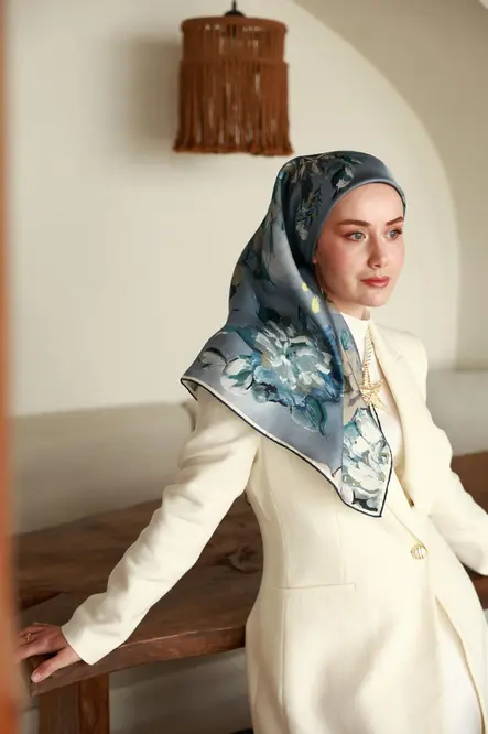 Silk Home Twill İpek Eşarp 11467-13 Mavi, Gri