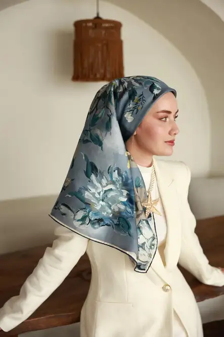 Silk Home Twill İpek Eşarp 11467-13 Mavi, Gri