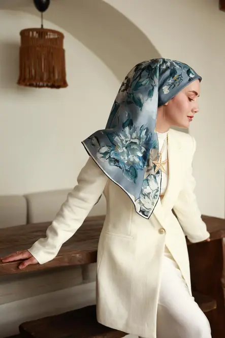 Silk Home Twill İpek Eşarp 11467-13 Mavi, Gri