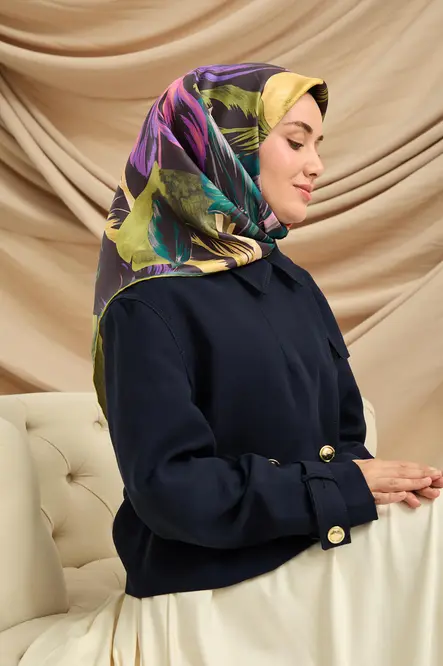 Silk Home Twill İpek Eşarp 11480-50 Antrasit, Pembe, Yeşil, Mor