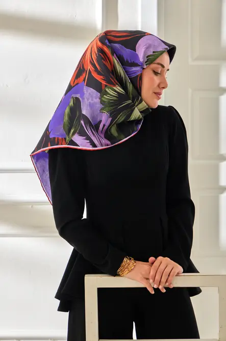 Silk Home Twill İpek Eşarp 11480-69 Koyu Lacivert, Mor, Kiremit