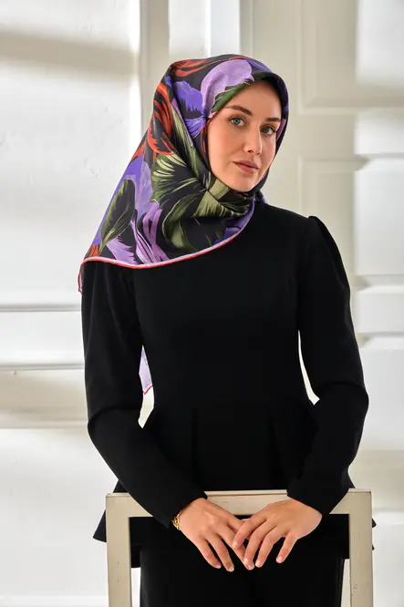 Silk Home Twill İpek Eşarp 11480-69 Koyu Lacivert, Mor, Kiremit
