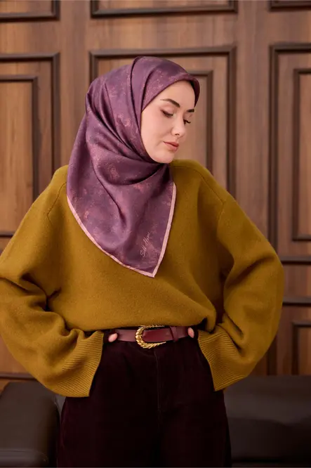 Twill İpek Eşarp 1487-30 Somon, Tosürton, Batik Desen