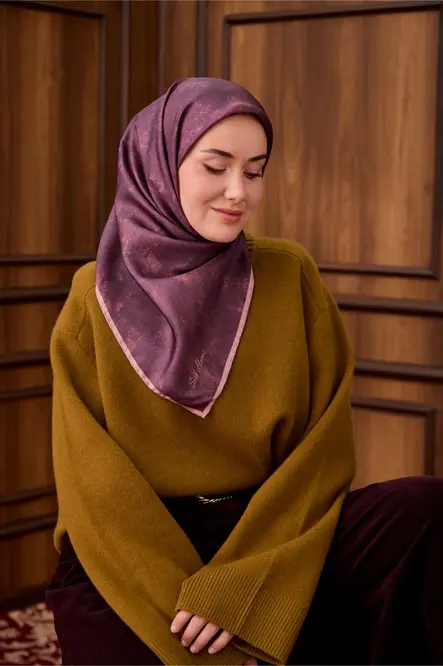 Twill İpek Eşarp 1487-30 Somon, Tosürton, Batik Desen