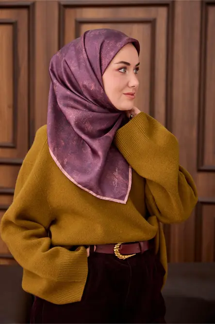 Twill İpek Eşarp 1487-30 Somon, Tosürton, Batik Desen