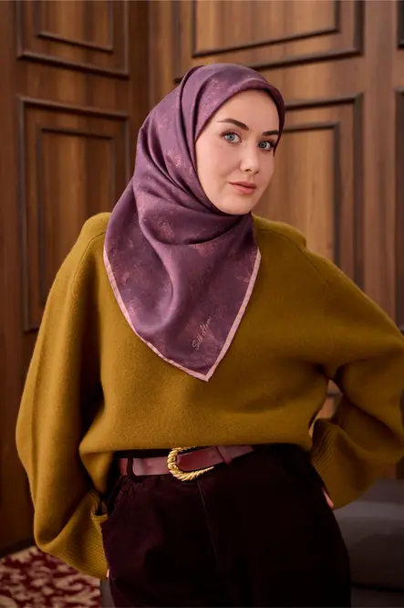 Twill İpek Eşarp 1487-30 Somon, Tosürton, Batik Desen