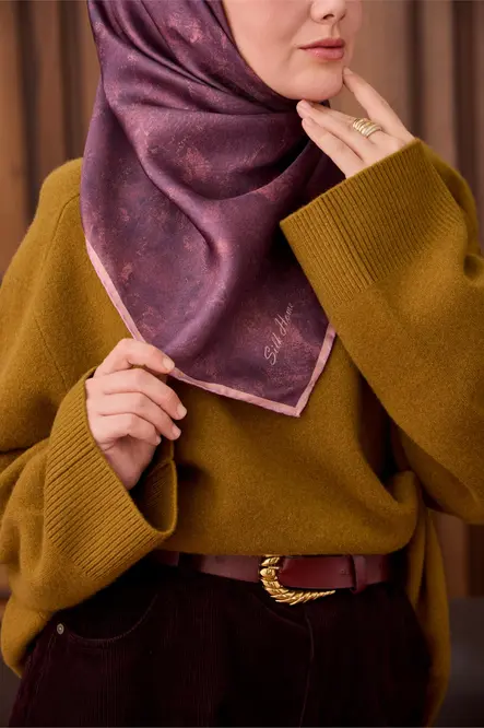 Twill İpek Eşarp 1487-30 Somon, Tosürton, Batik Desen