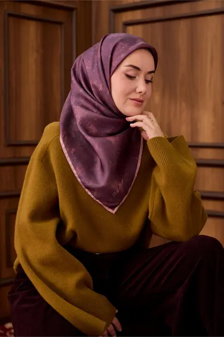 Twill İpek Eşarp 1487-30 Somon, Tosürton, Batik Desen