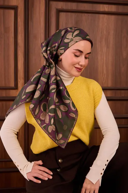Silk Home Twill İpek Eşarp 11494-12 Erguvan, Yeşil, Vizon