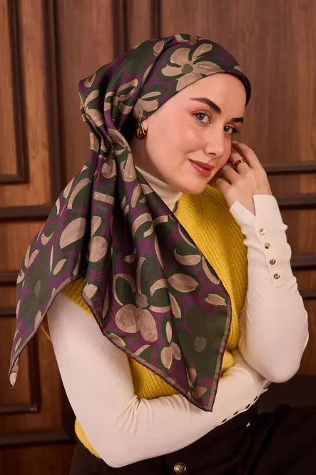 Silk Home Twill İpek Eşarp 11494-12 Erguvan, Yeşil, Vizon